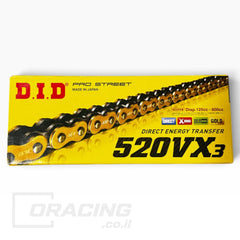 שרשרת הינע מחוזקת לאופנוע D.I.D 520VX3GB זהב (118 חוליות)